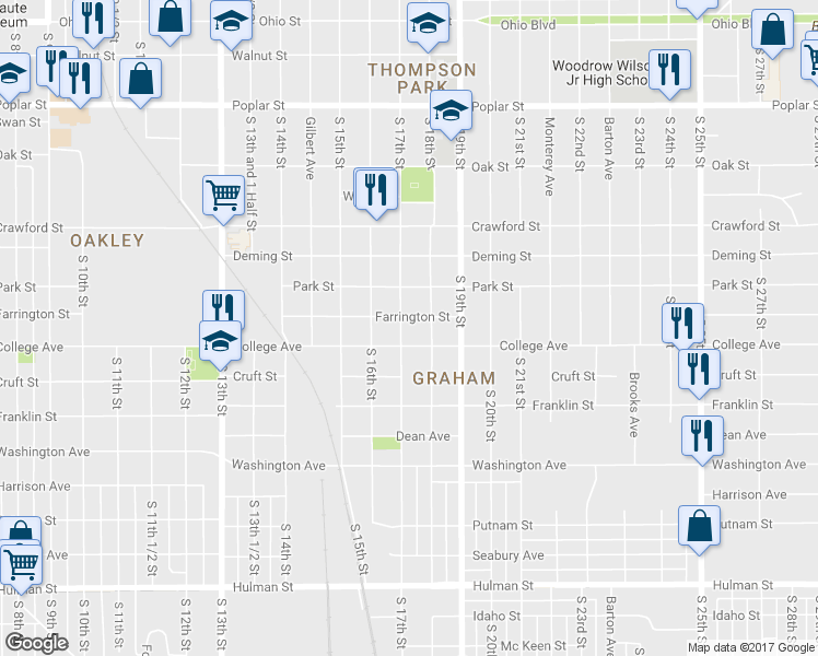 map of restaurants, bars, coffee shops, grocery stores, and more near 999 South 18th Street in Terre Haute