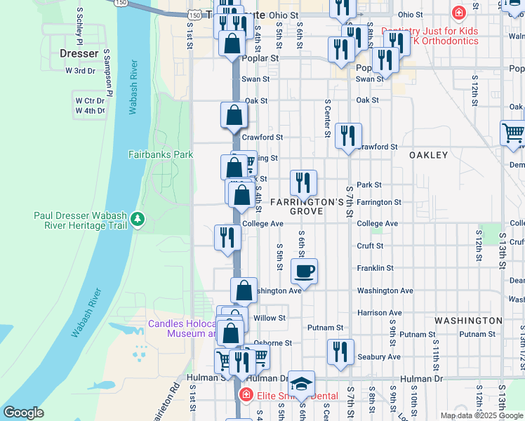 map of restaurants, bars, coffee shops, grocery stores, and more near 1010 South 4th Street in Terre Haute