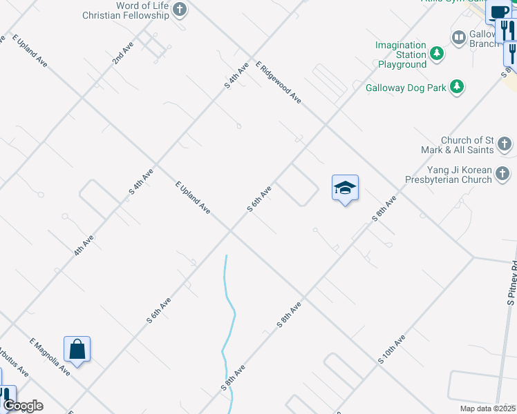 map of restaurants, bars, coffee shops, grocery stores, and more near 303 South Cambridge Court in Galloway