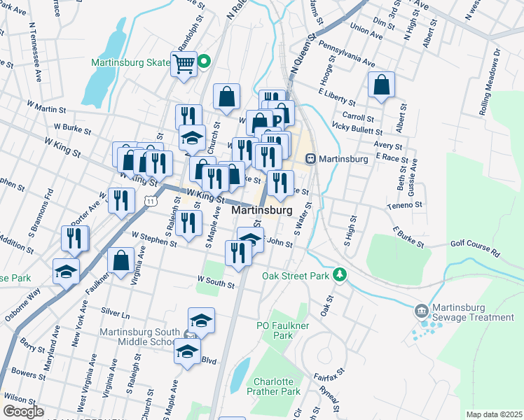 map of restaurants, bars, coffee shops, grocery stores, and more near in Martinsburg