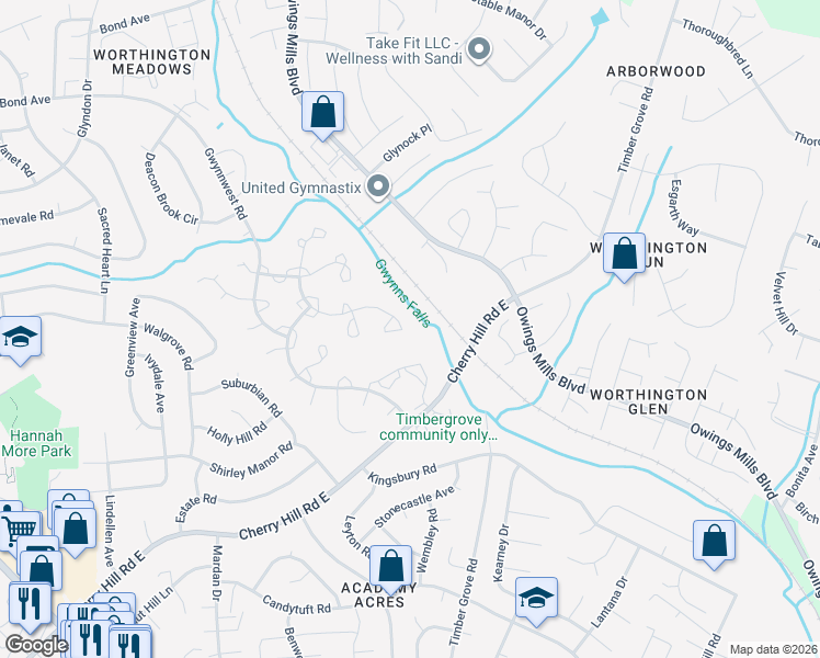 map of restaurants, bars, coffee shops, grocery stores, and more near 10902 Baskerville Road in Reisterstown