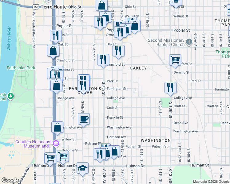 map of restaurants, bars, coffee shops, grocery stores, and more near 812 College Avenue in Terre Haute