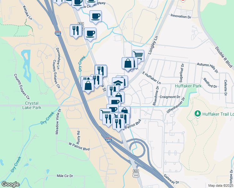map of restaurants, bars, coffee shops, grocery stores, and more near 7540 Longley Ln in Reno