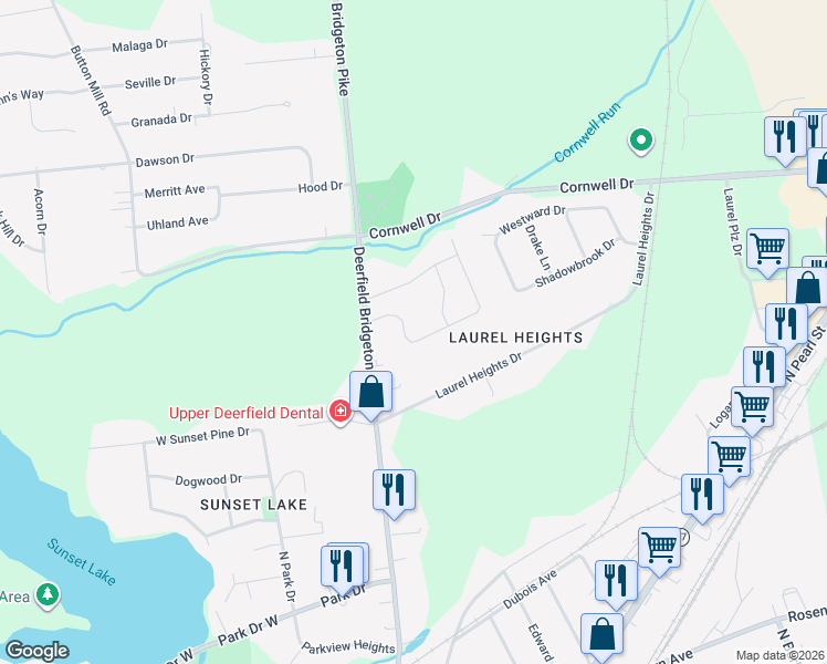 map of restaurants, bars, coffee shops, grocery stores, and more near 33 Roberts Avenue in Bridgeton
