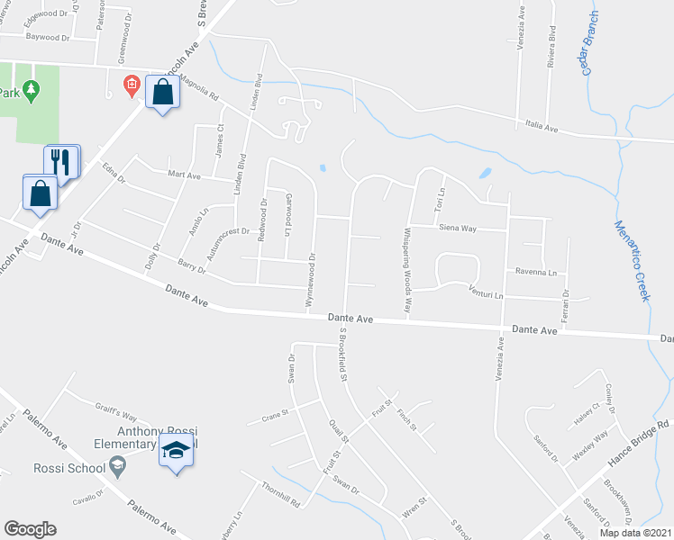 map of restaurants, bars, coffee shops, grocery stores, and more near 1880 South Brookfield Street in Vineland
