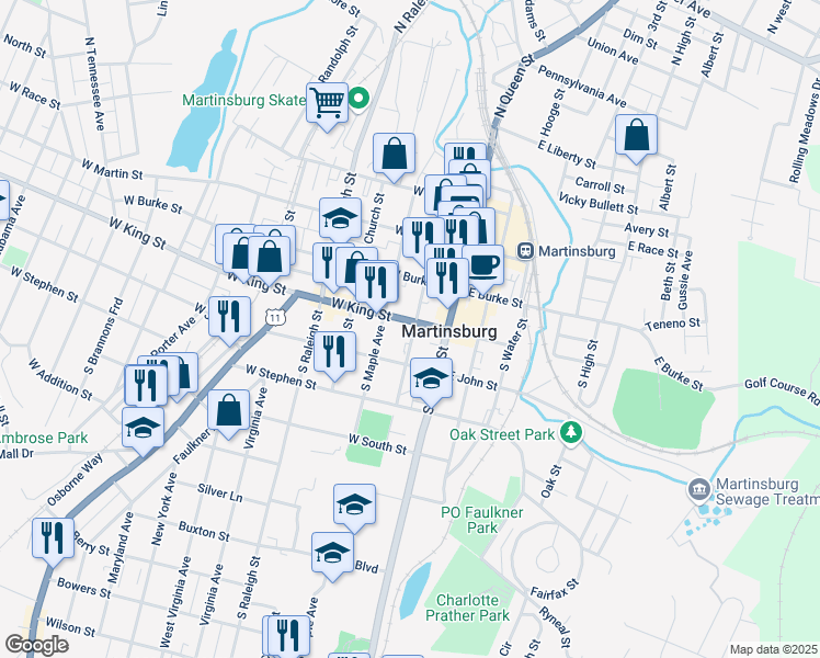 map of restaurants, bars, coffee shops, grocery stores, and more near 201 West King Street in Martinsburg