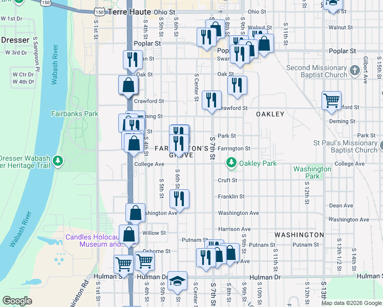 map of restaurants, bars, coffee shops, grocery stores, and more near 1018 South Center Street in Terre Haute