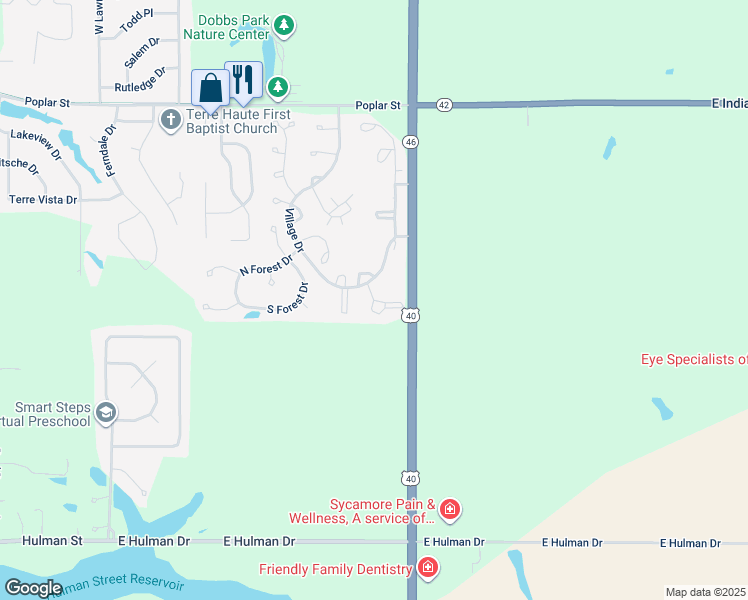 map of restaurants, bars, coffee shops, grocery stores, and more near 899 Champlain Court in Terre Haute