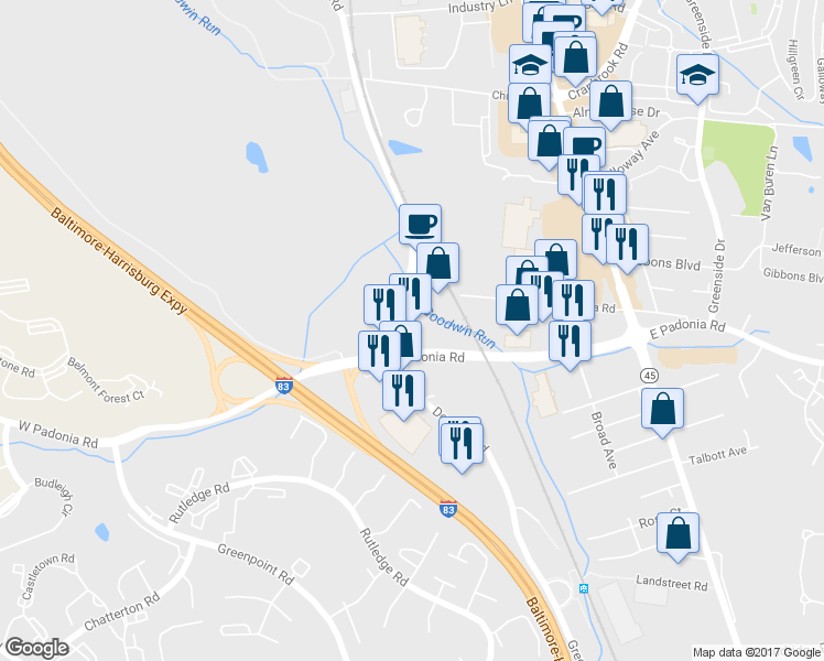 map of restaurants, bars, coffee shops, grocery stores, and more near 398 West Old Padonia Road in Lutherville-Timonium