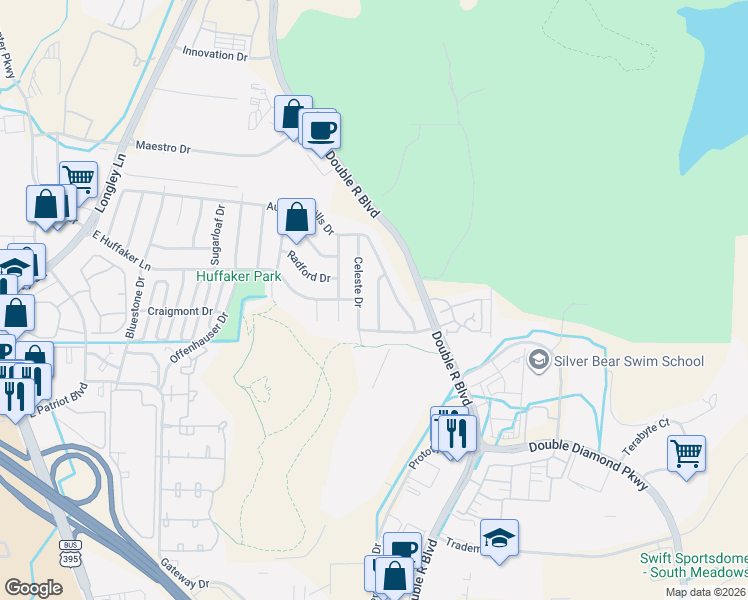 map of restaurants, bars, coffee shops, grocery stores, and more near 7560 Michaela Drive in Reno