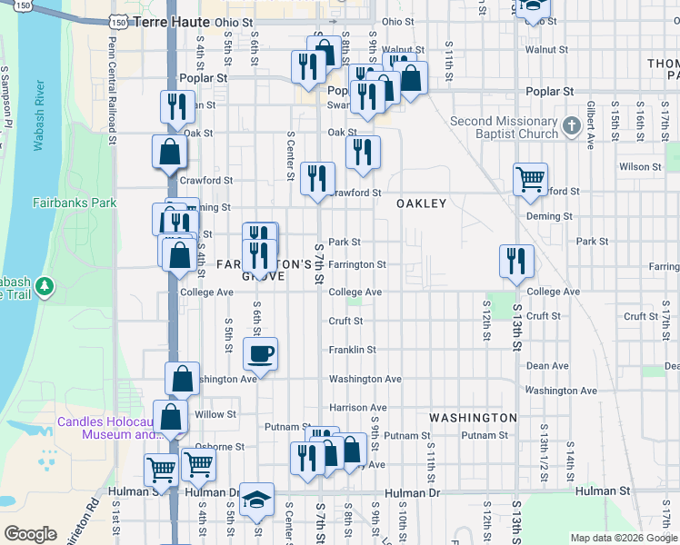 map of restaurants, bars, coffee shops, grocery stores, and more near in Terre Haute
