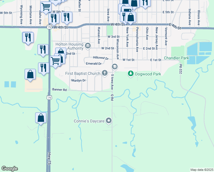 map of restaurants, bars, coffee shops, grocery stores, and more near Banner Road in Holton