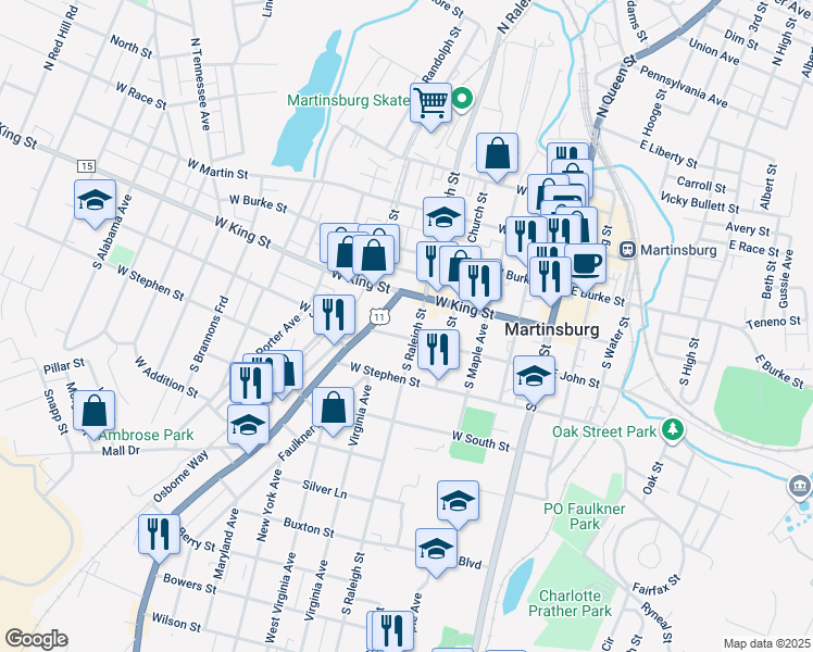 map of restaurants, bars, coffee shops, grocery stores, and more near 225 South Raleigh Street in Martinsburg