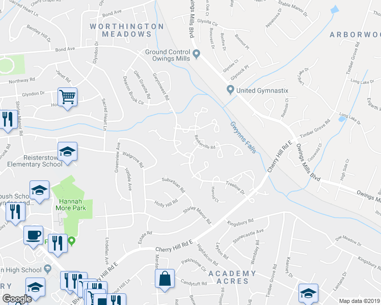 map of restaurants, bars, coffee shops, grocery stores, and more near 14 Mycroft Court in Reisterstown