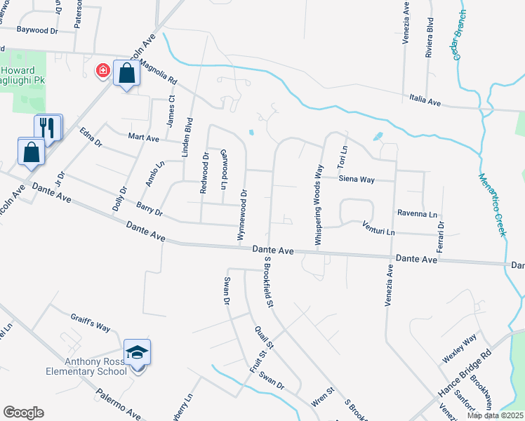 map of restaurants, bars, coffee shops, grocery stores, and more near 1880 South Brookfield Street in Vineland
