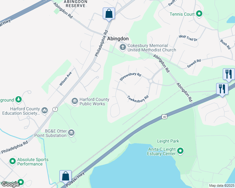 map of restaurants, bars, coffee shops, grocery stores, and more near 3365 Shrewsbury Road in Abingdon