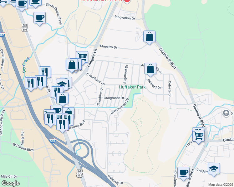 map of restaurants, bars, coffee shops, grocery stores, and more near 921 Craigmont Drive in Reno