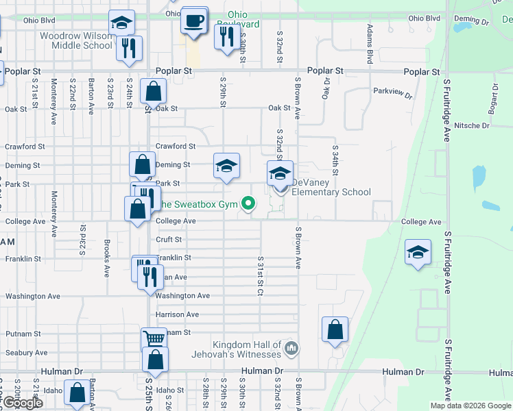 map of restaurants, bars, coffee shops, grocery stores, and more near 1028 Hampton Avenue in Terre Haute