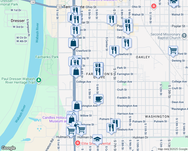 map of restaurants, bars, coffee shops, grocery stores, and more near 500 College Avenue in Terre Haute