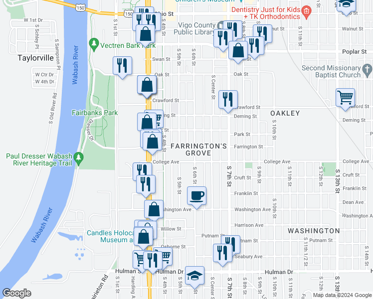 map of restaurants, bars, coffee shops, grocery stores, and more near 500 College Avenue in Terre Haute
