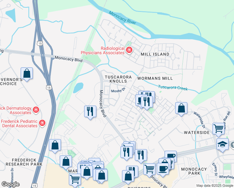 map of restaurants, bars, coffee shops, grocery stores, and more near 2669 Cameron Way in Frederick