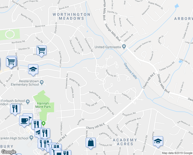 map of restaurants, bars, coffee shops, grocery stores, and more near 12 Sebastian Court in Reisterstown