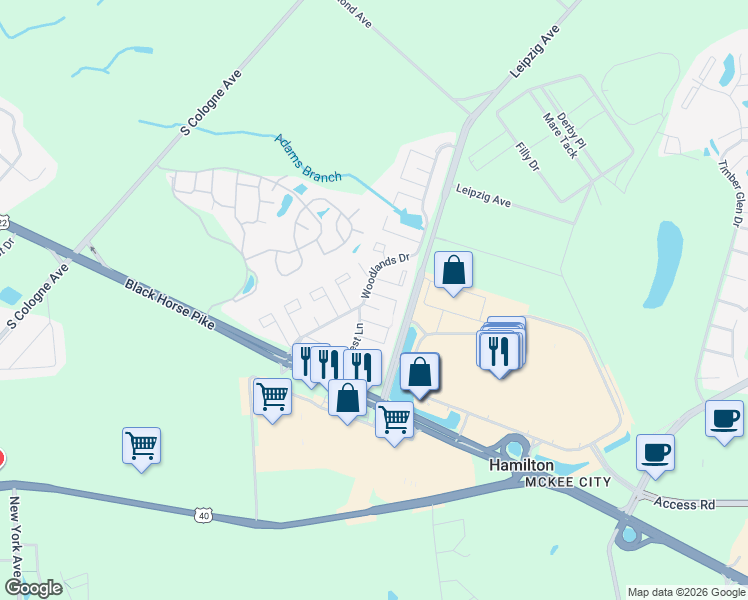map of restaurants, bars, coffee shops, grocery stores, and more near 2505 Oleander Court in Hamilton