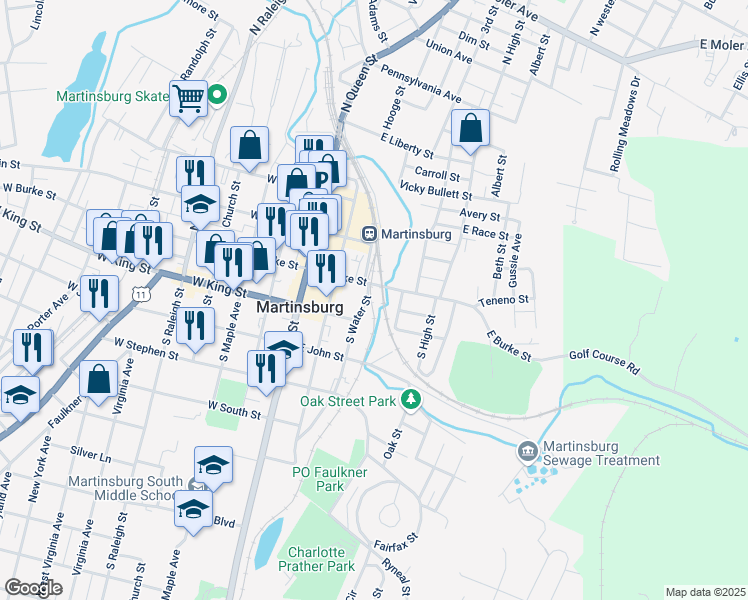 map of restaurants, bars, coffee shops, grocery stores, and more near 112 South Water Street in Martinsburg