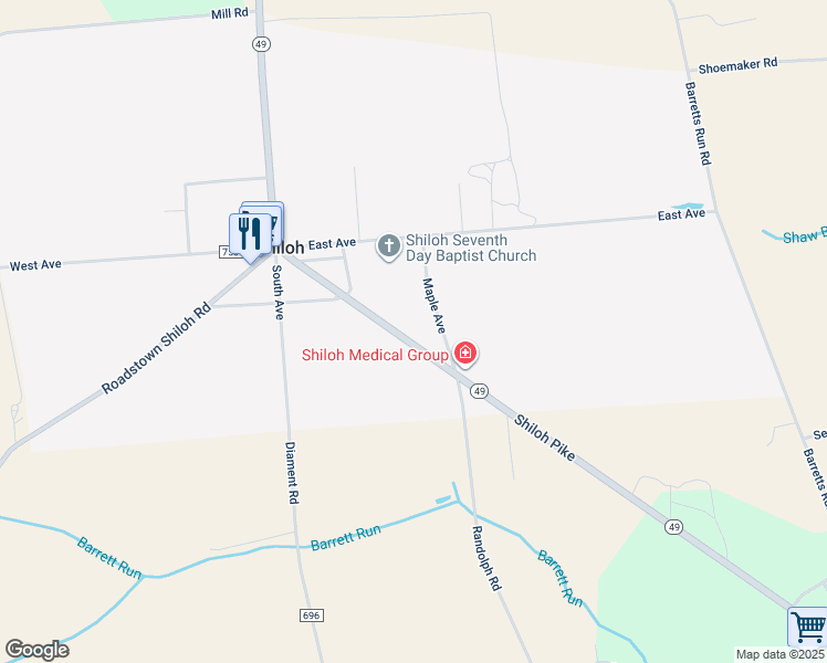 map of restaurants, bars, coffee shops, grocery stores, and more near 860 Shiloh Pike in Shiloh