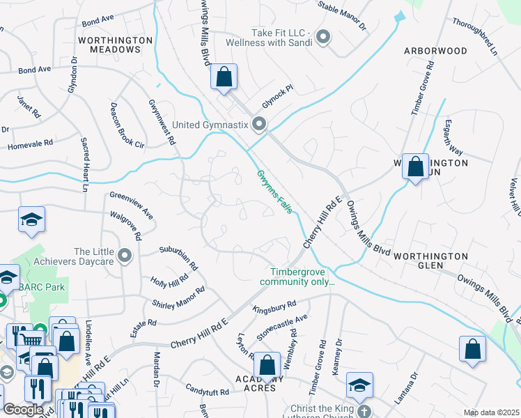 map of restaurants, bars, coffee shops, grocery stores, and more near 10939 Baskerville Road in Reisterstown