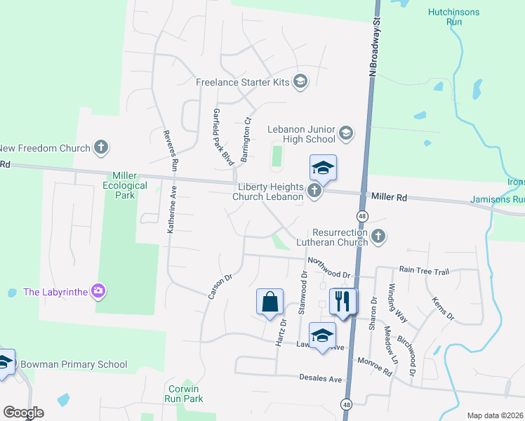 map of restaurants, bars, coffee shops, grocery stores, and more near 1008 Carson Court in Lebanon