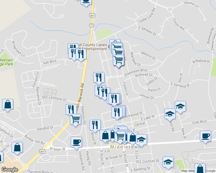 map of restaurants, bars, coffee shops, grocery stores, and more near 686 North Broad Street in Middletown