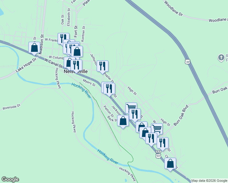 map of restaurants, bars, coffee shops, grocery stores, and more near 490 East Canal Street in Nelsonville