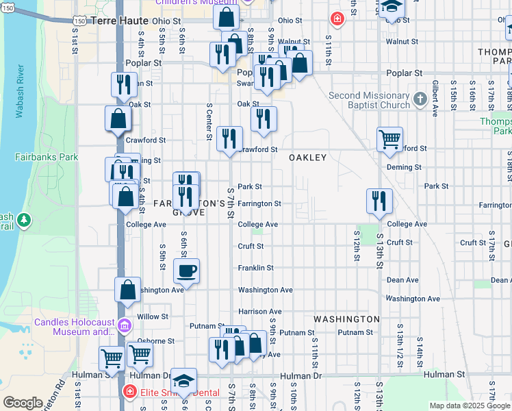 map of restaurants, bars, coffee shops, grocery stores, and more near 812 College Avenue in Terre Haute