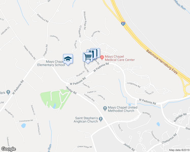 map of restaurants, bars, coffee shops, grocery stores, and more near 12107 Tullamore Court in Timonium