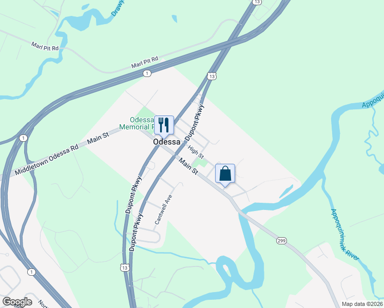 map of restaurants, bars, coffee shops, grocery stores, and more near 315 Main Street in Odessa