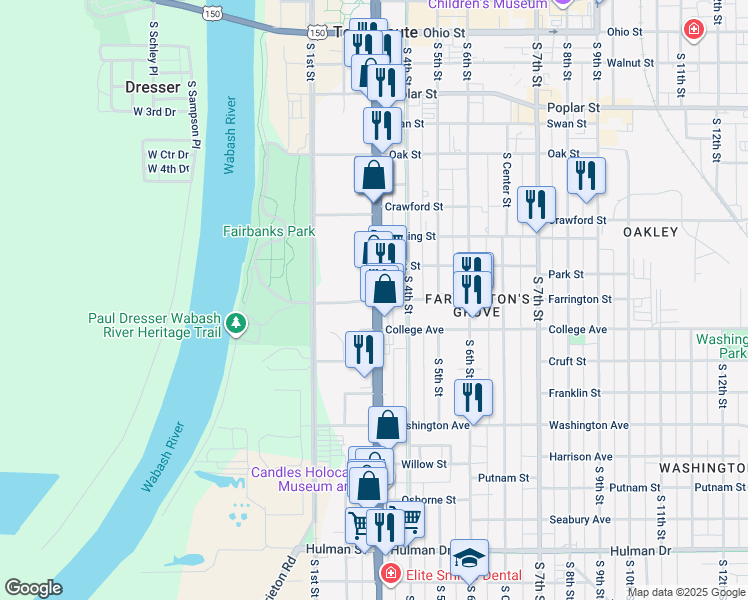 map of restaurants, bars, coffee shops, grocery stores, and more near S 3rd St & Farrington St in Terre Haute