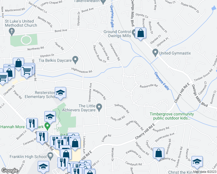 map of restaurants, bars, coffee shops, grocery stores, and more near 25 Greenview Avenue in Reisterstown
