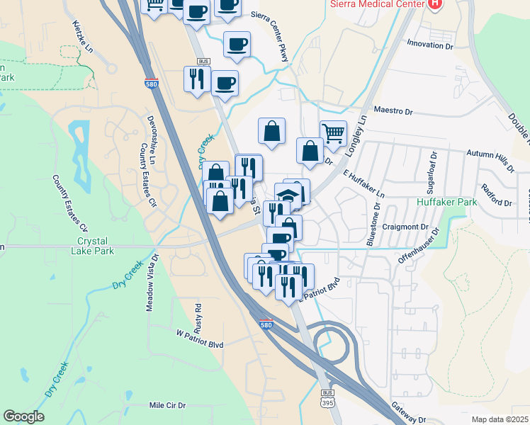 map of restaurants, bars, coffee shops, grocery stores, and more near 8045 U.S. 395 Business in Reno