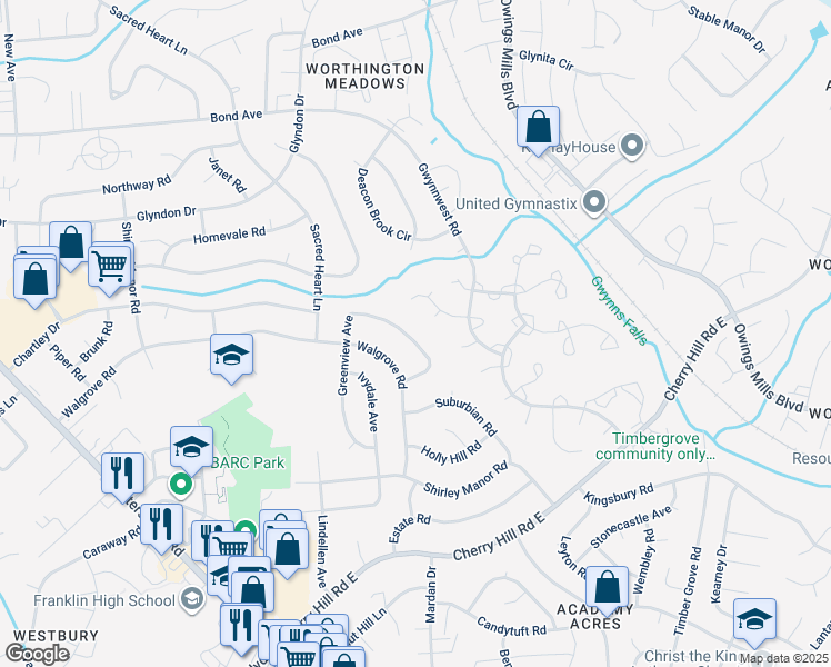 map of restaurants, bars, coffee shops, grocery stores, and more near 25 Greenview Avenue in Reisterstown