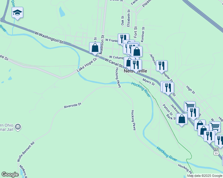 map of restaurants, bars, coffee shops, grocery stores, and more near 17350 Riverside Drive in Nelsonville