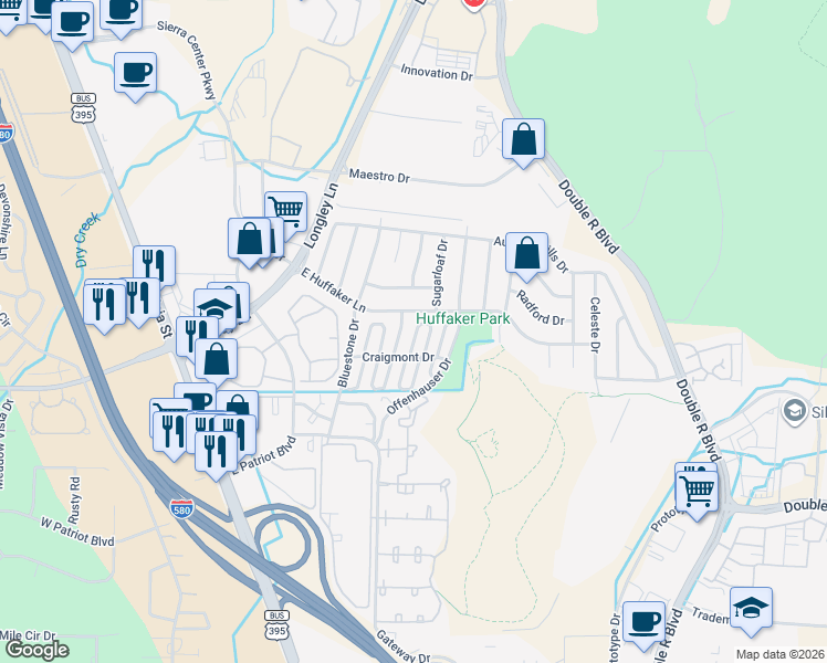 map of restaurants, bars, coffee shops, grocery stores, and more near 921 Craigmont Drive in Reno