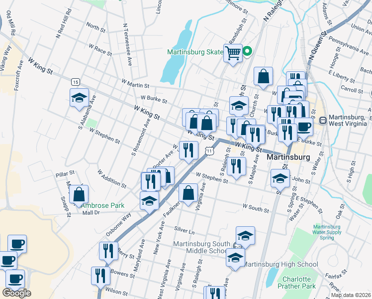 map of restaurants, bars, coffee shops, grocery stores, and more near in Martinsburg
