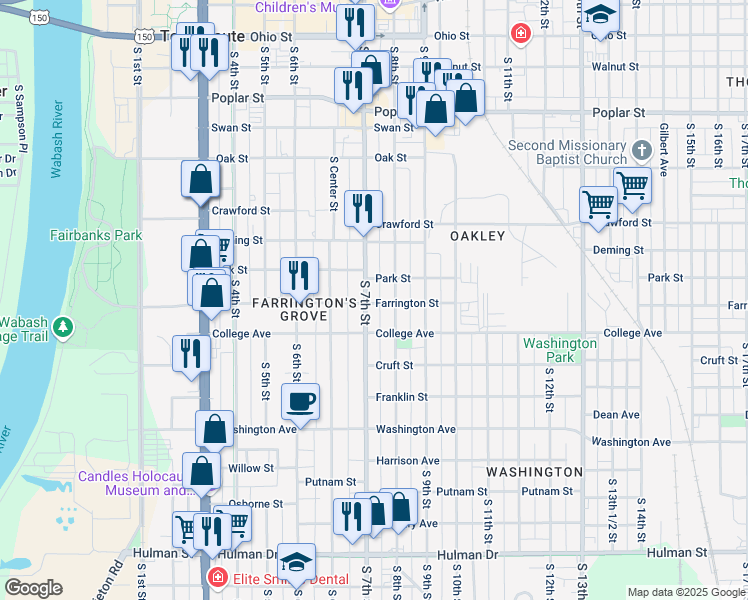 map of restaurants, bars, coffee shops, grocery stores, and more near in Terre Haute