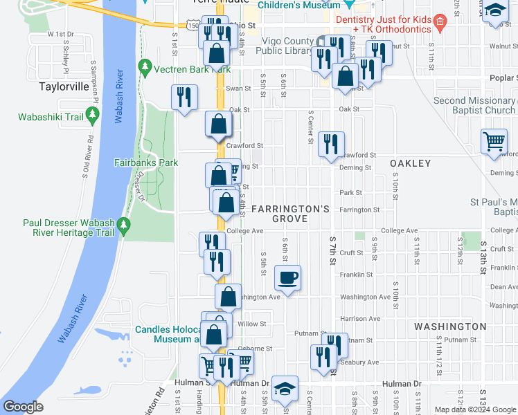 map of restaurants, bars, coffee shops, grocery stores, and more near 424 Farrington Street in Terre Haute