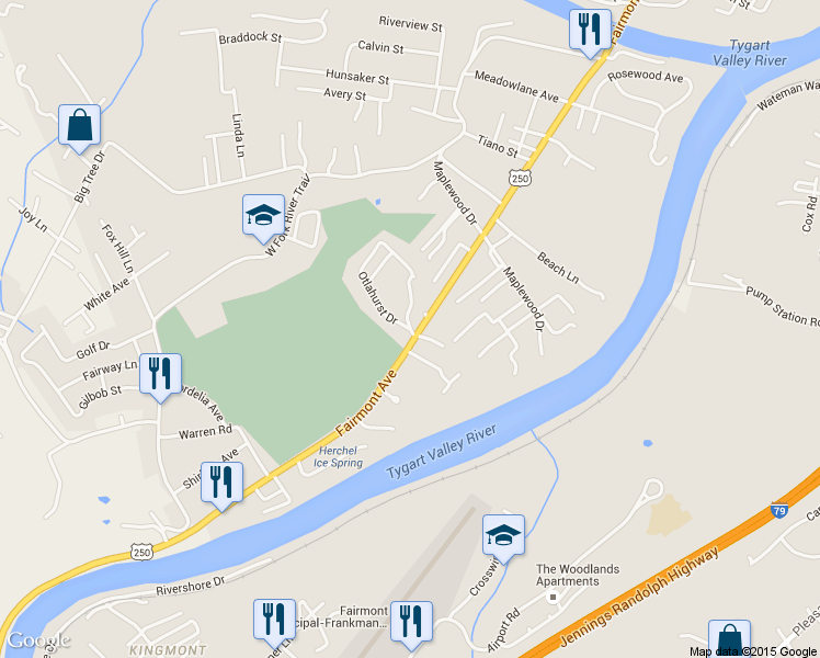 map of restaurants, bars, coffee shops, grocery stores, and more near 1684 Otlahurst Dr in Fairmont