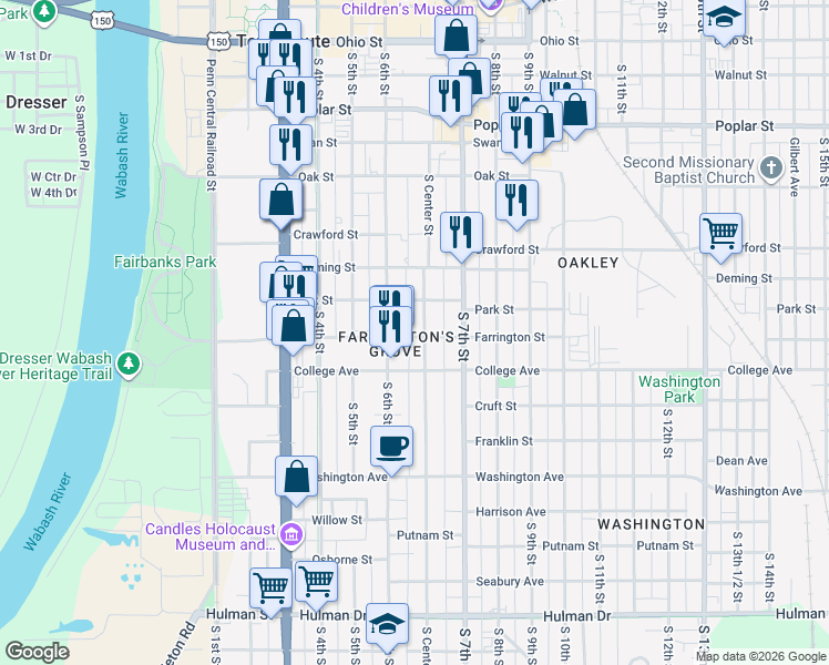 map of restaurants, bars, coffee shops, grocery stores, and more near 902 South 6th Street in Terre Haute