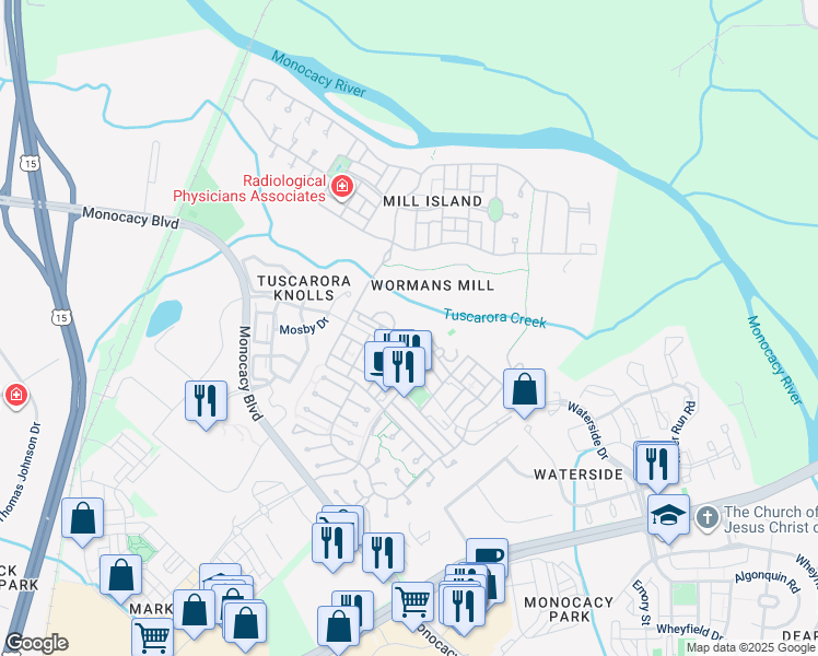 map of restaurants, bars, coffee shops, grocery stores, and more near 2500 Waterside Drive in Frederick