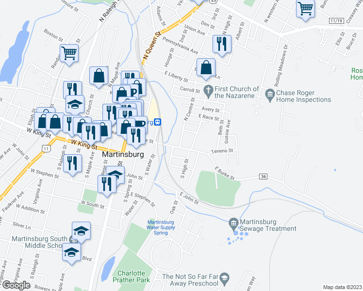 map of restaurants, bars, coffee shops, grocery stores, and more near 103 North Centre Street in Martinsburg
