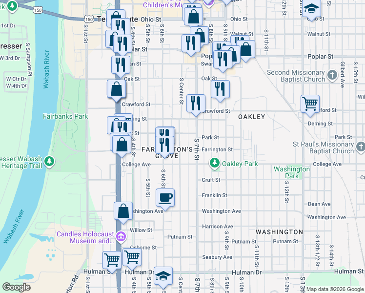 map of restaurants, bars, coffee shops, grocery stores, and more near 655 Park Street in Terre Haute